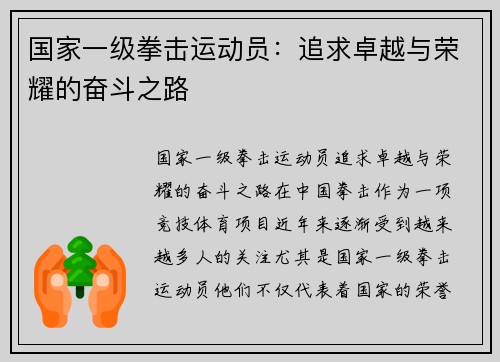 国家一级拳击运动员：追求卓越与荣耀的奋斗之路